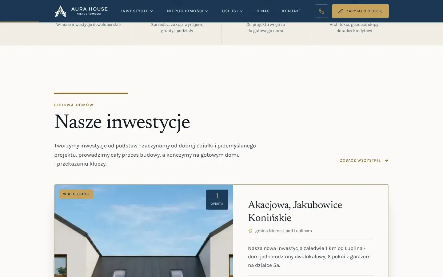 Strona Aura House: sekcja „Nasze inwestycje” z kartą inwestycji Akacjowa w Jakubowicach Konińskich
