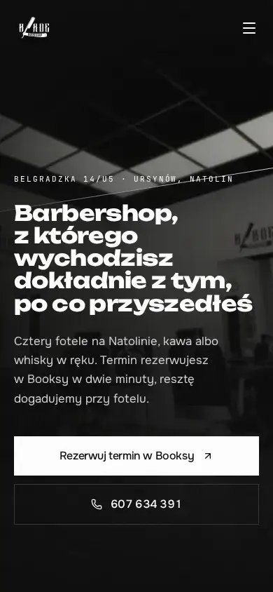 Strona Blade Barbershop na telefonie: pierwszy ekran z przyciskiem rezerwacji
