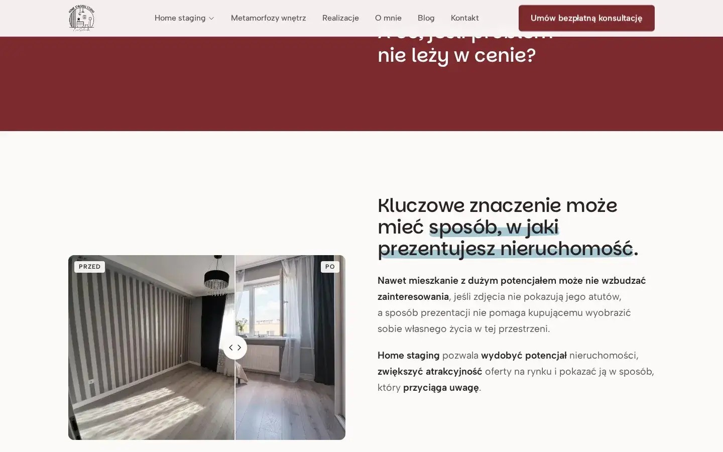 Strona Home Staging Studio: pokój przed i po stylizacji obok tekstu o tym, jak prezentować nieruchomość