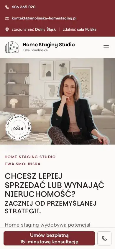 Strona Home Staging Studio na telefonie: pierwszy ekran z przyciskiem bezpłatnej 15-minutowej konsultacji