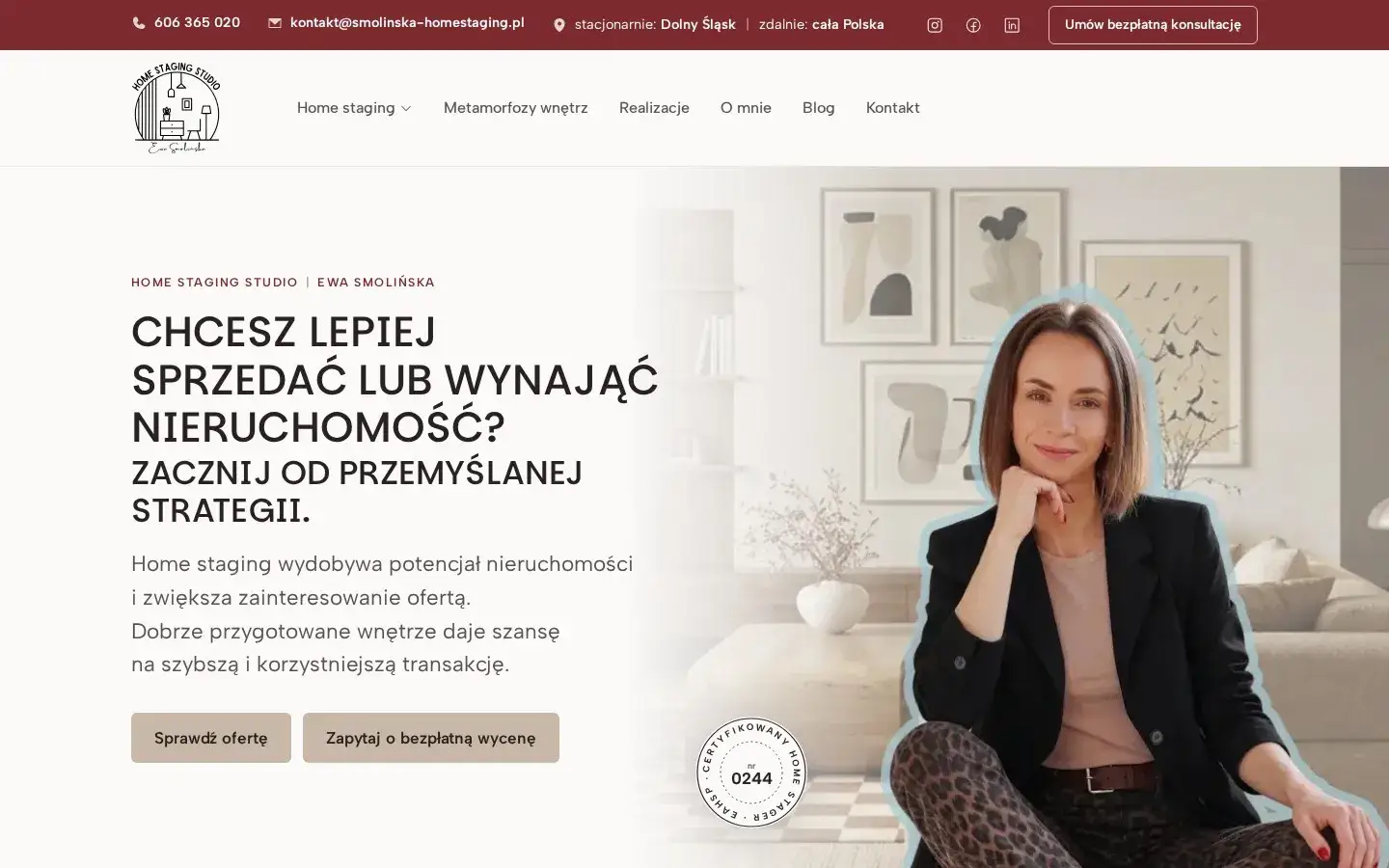 Pierwszy ekran strony Home Staging Studio: Ewa Smolińska na tle jasnego wnętrza i pytanie, jak lepiej sprzedać albo wynająć nieruchomość