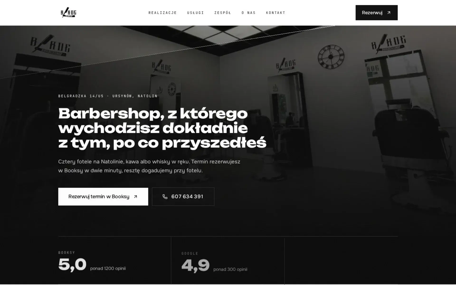 Strona Blade Barbershop w oknie przeglądarki - pierwsze ujęcie showreelu